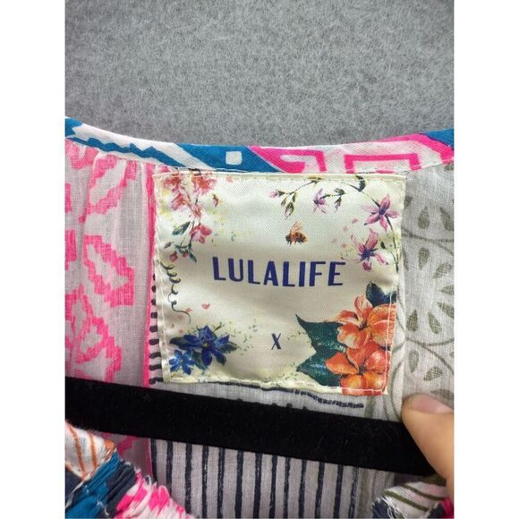 Lulalife Women Multicolor Light Cotton Striped Abstract Shirred Midi Dress Large - Picture 3 of 12